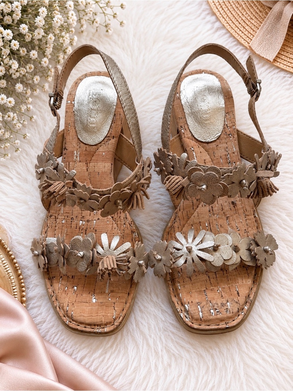 Born Metallic Taupe Floral Cork Slingback Sandals